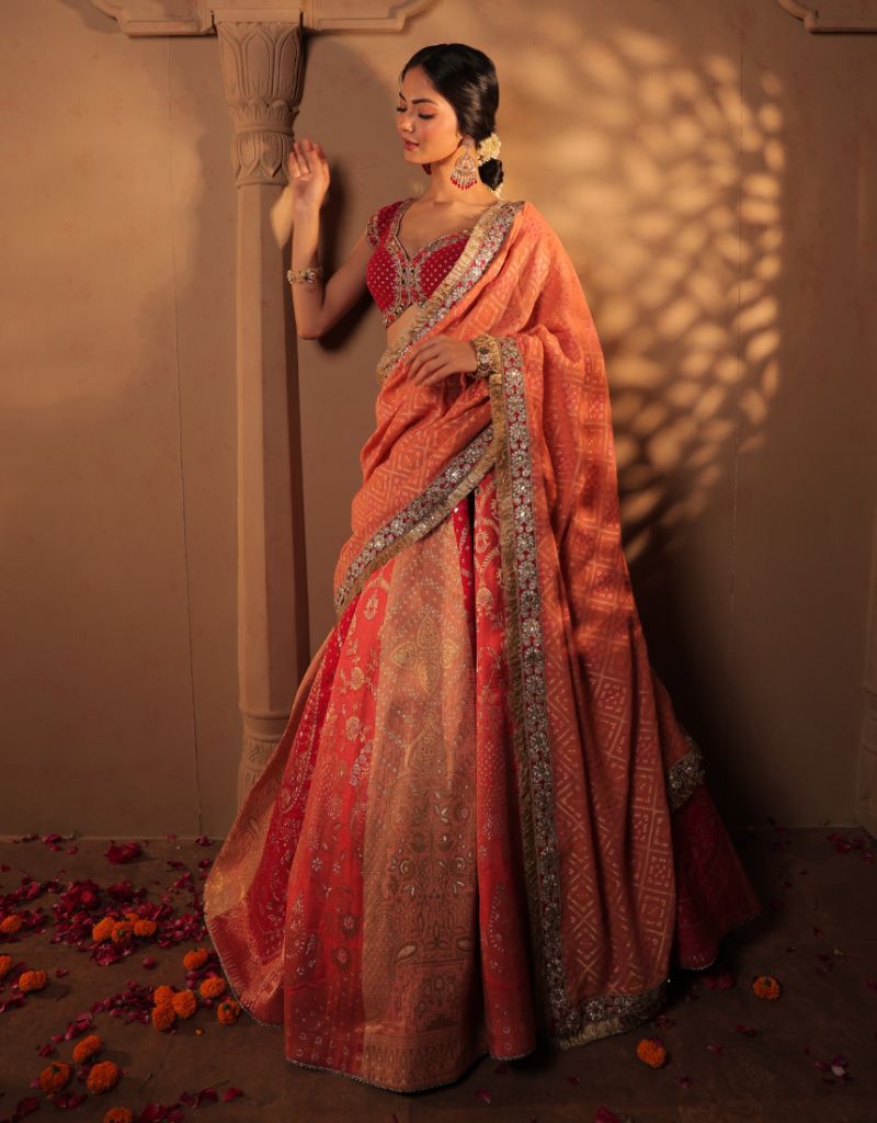 Red Multi-Color Jacquard Lehenga